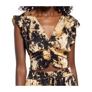 Open Edit Ruffle Ruched Satin Medium Crop Top in Tan-Black Abstract Paint